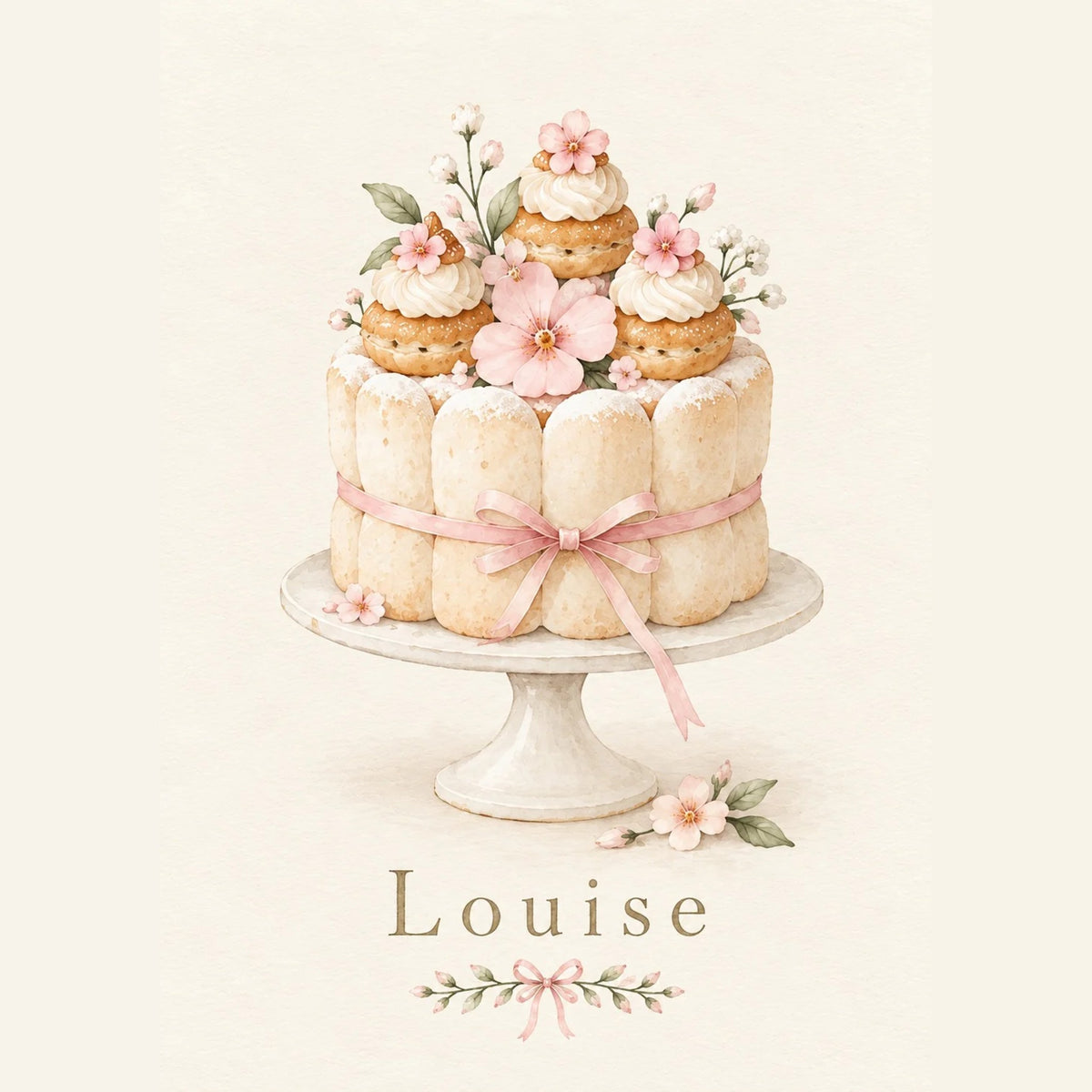Cadeau naissance personnalisé : affiche prénom bébé sous une charlotte aux choux et fleurs roses