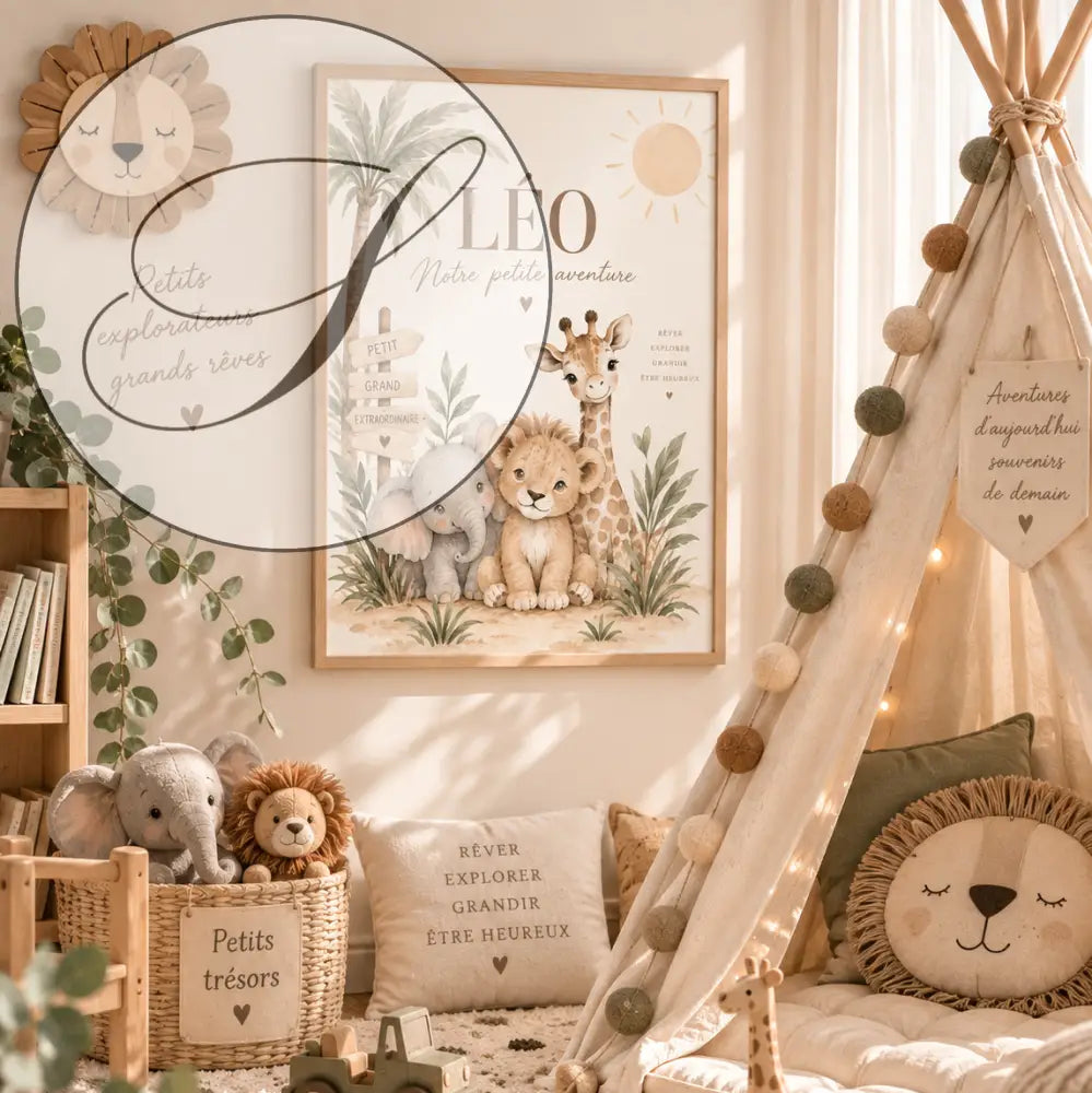Affiche prénom bébé personnalisée avec illustration lion girafe éléphant en décor tropical cadeau naissance pdf a4 a3