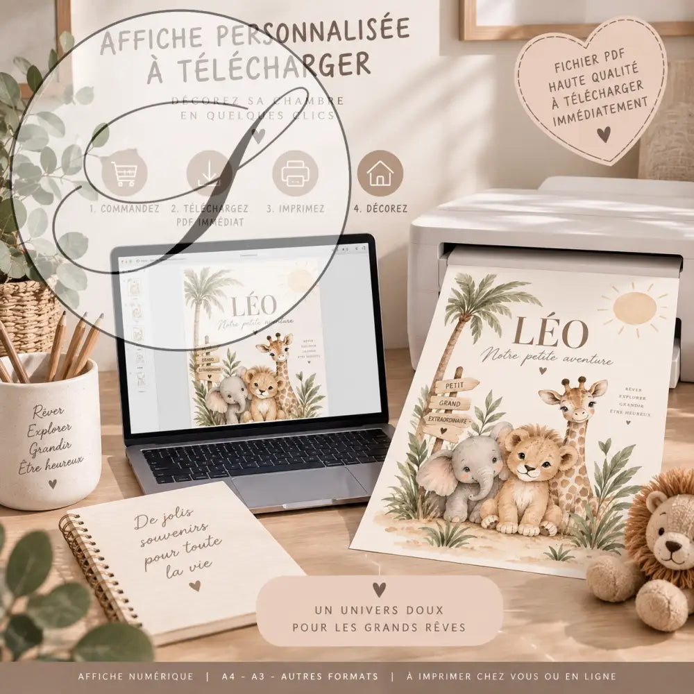 Affiche prénom bébé personnalisée cadeau naissance avec animaux de la forêt en tons beige doux style aquarelle