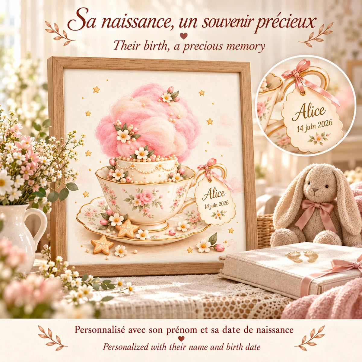 Cadeau naissance personnalisé : sa naissance, un souvenir précieux, affiche tasse fleurie avec prénom et date