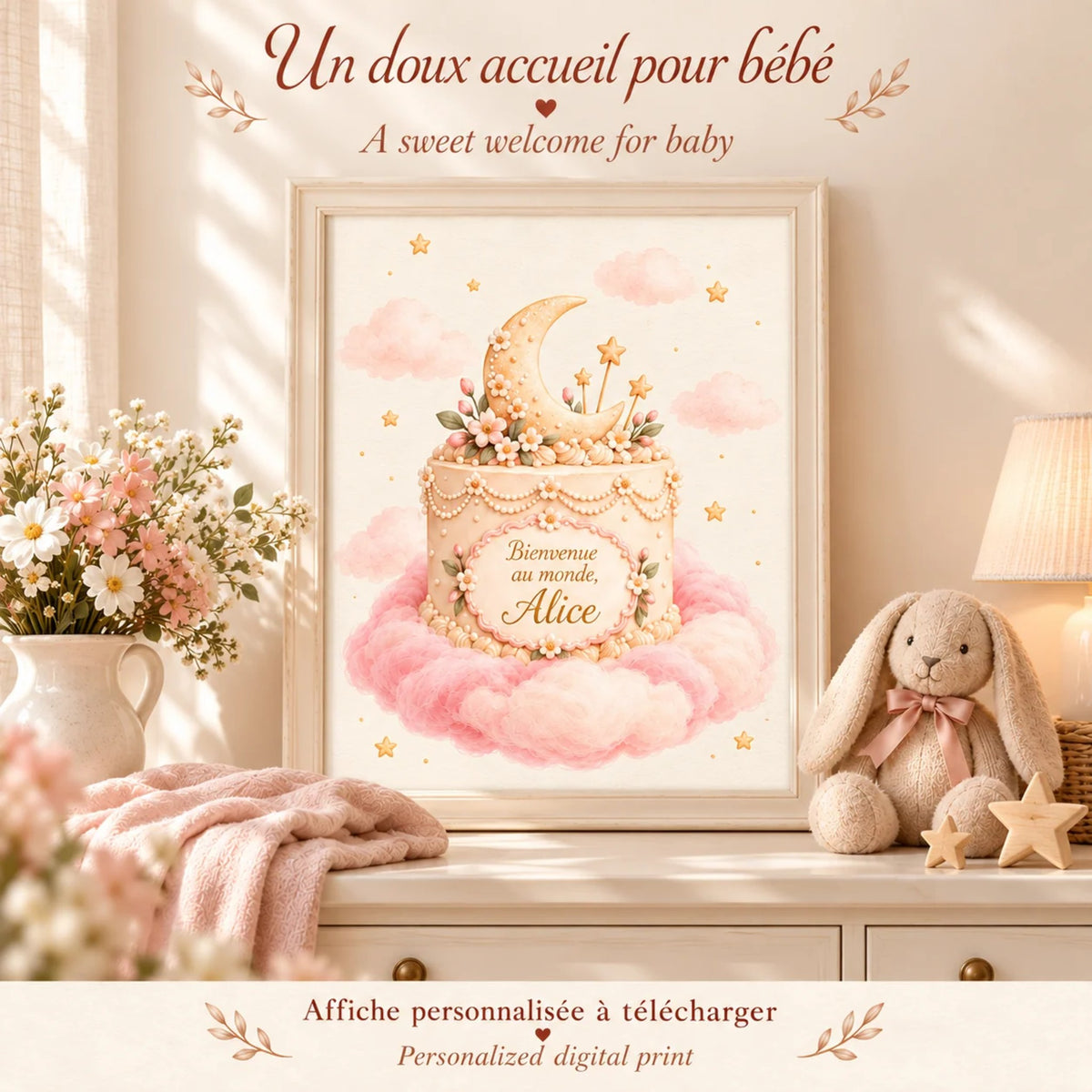 Cadeau naissance : un doux accueil pour bébé, affiche gâteau lune encadrée près d'une peluche lapin