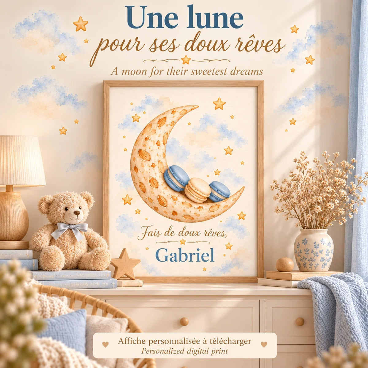 Cadeau naissance : une lune pour ses doux rêves, affiche encadrée près d'une peluche ourson dans une chambre de bébé