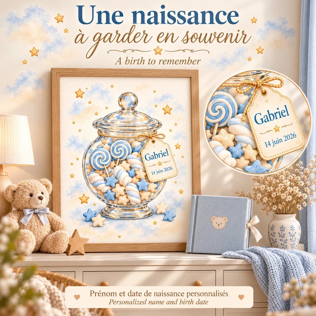 Cadeau naissance personnalisé : une naissance à garder en souvenir, affiche bocal de bonbons avec prénom et date