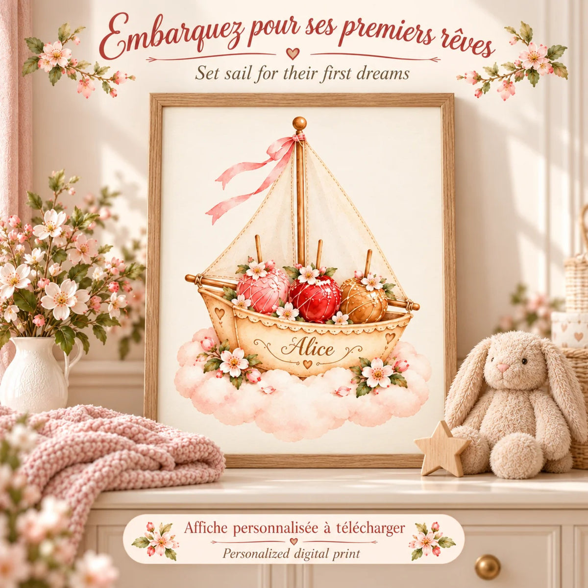Cadeau naissance : embarquez pour ses premiers rêves, affiche voilier au prénom encadrée près d'une peluche lapin