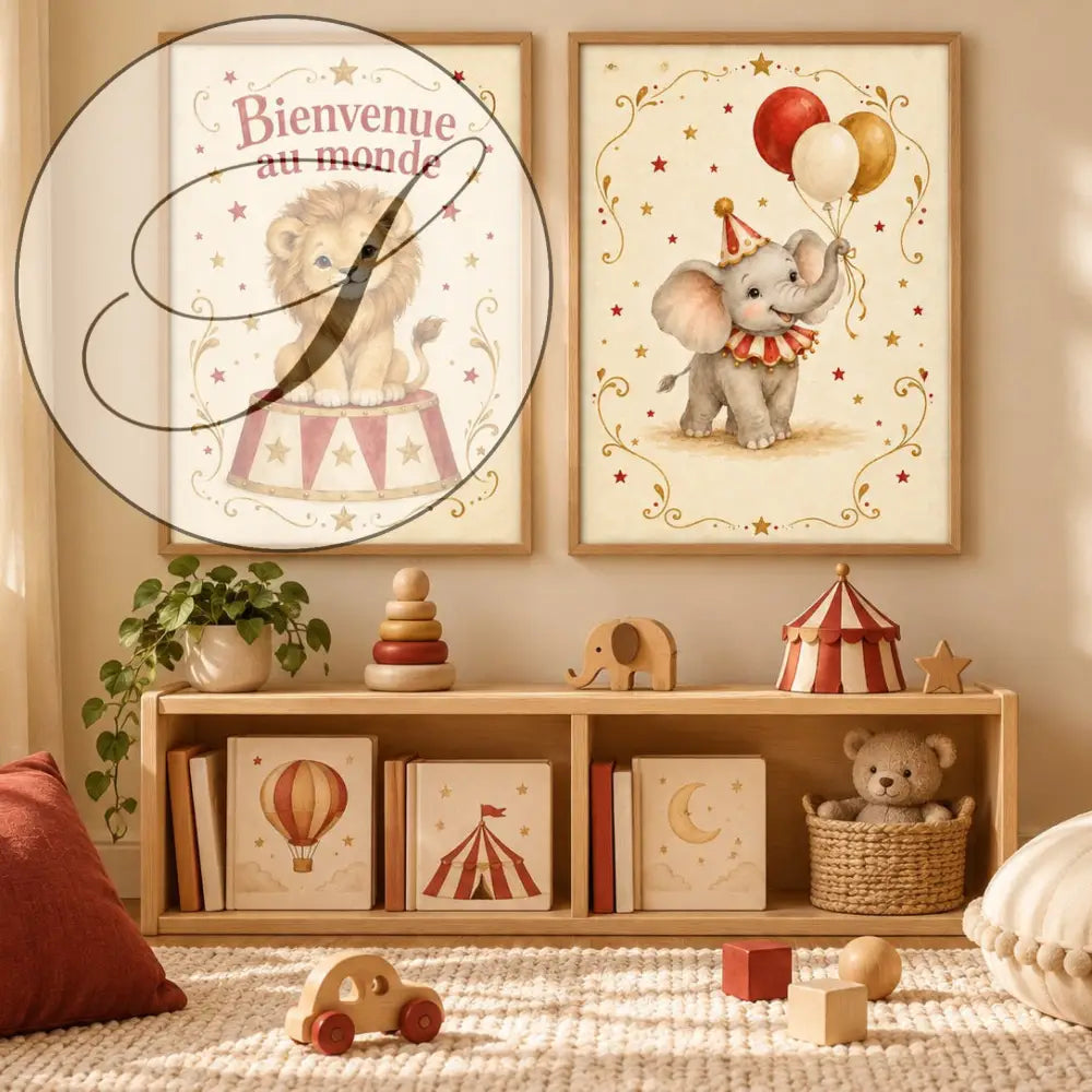 Two framed printable circus birth posters with a golden lion and a grey clown elephant