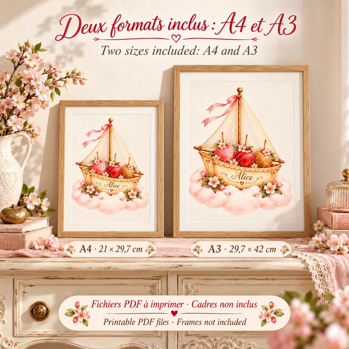 Cadeau naissance à imprimer : affiche voilier au prénom en formats A4 21 x 29,7 cm et A3 29,7 x 42 cm