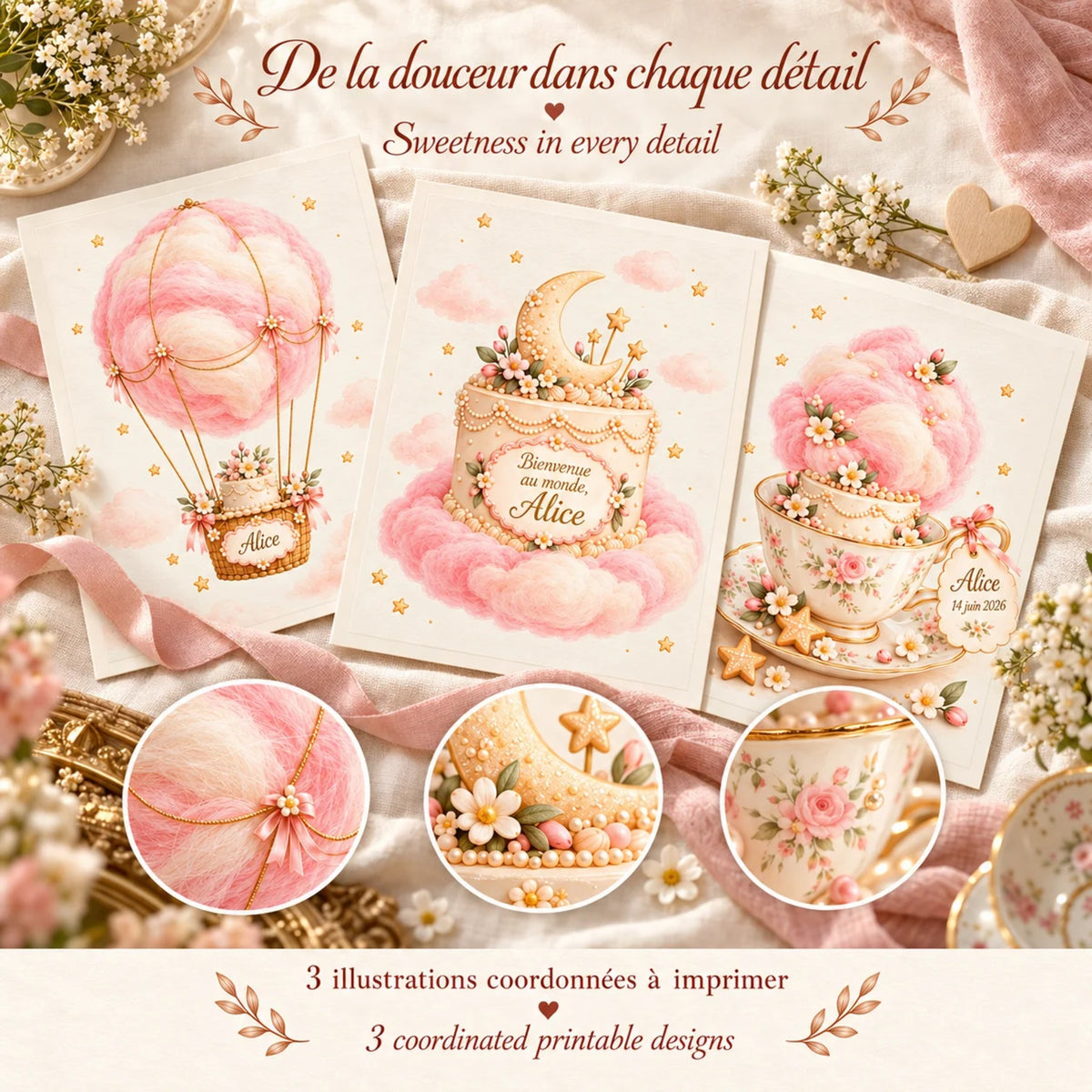 Cadeau naissance fille : de la douceur dans chaque détail, 3 illustrations roses coordonnées à imprimer