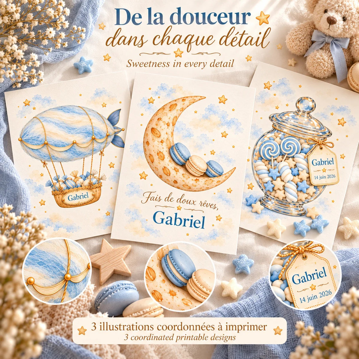 Cadeau naissance garçon : de la douceur dans chaque détail, 3 illustrations bleues coordonnées à imprimer
