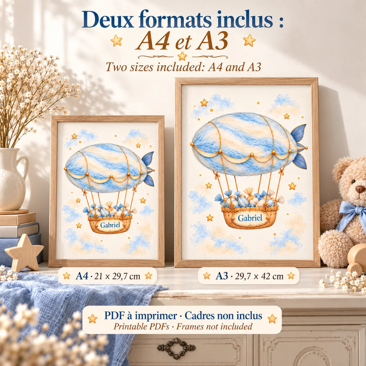 Cadeau naissance à imprimer : affiche dirigeable au prénom en formats A4 21 x 29,7 cm et A3 29,7 x 42 cm
