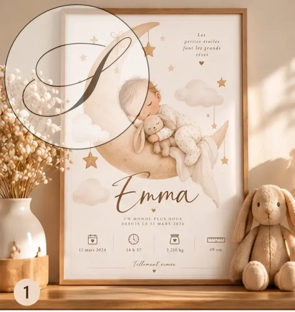 Affiche de naissance personnalisée bébé lune avec un bébé endormi sur une lune pastel et étoiles cadeau naissance