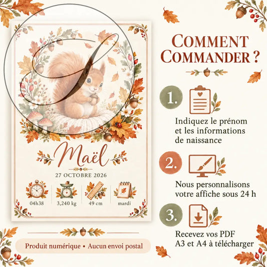 Affiche prénom écureuil automnale cadeau naissance personnalisé avec écureuil orange et couronne de feuilles et glands