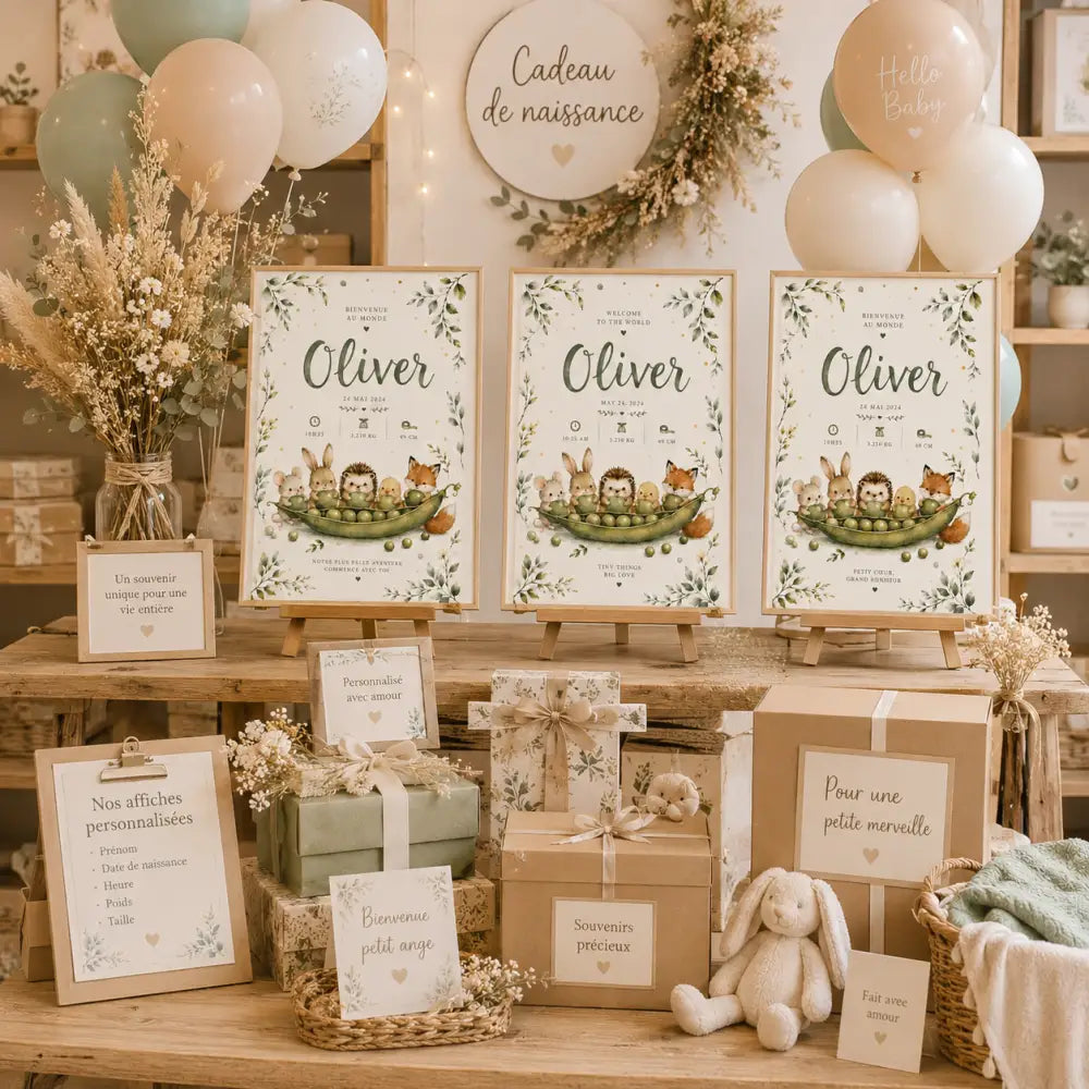 Trois panneaux d’accueil personnalisés de baby shower identiques encadrés, chacun présentant une charmante illustration d’animaux de la forêt dans une cabane à pois avec des bordures de feuillage vert délicat et un texte en lettrage élégant.