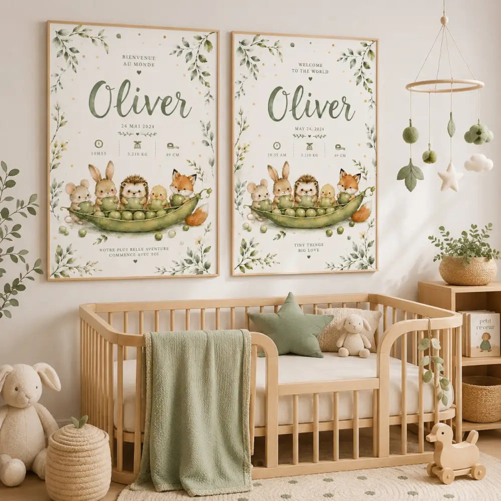 Deux affiches naissance personnalisées cadeau naissance bebe avec prénom oliver et détails de naissance vert et animaux boisés