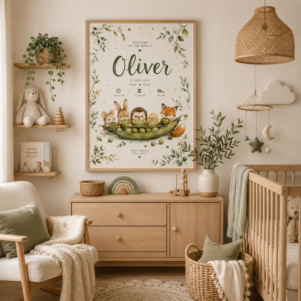 Affiche naissance personnalisée prénom oliver avec illustration aquarelle d animaux de la forêt dans un cadeau naissance bebe original