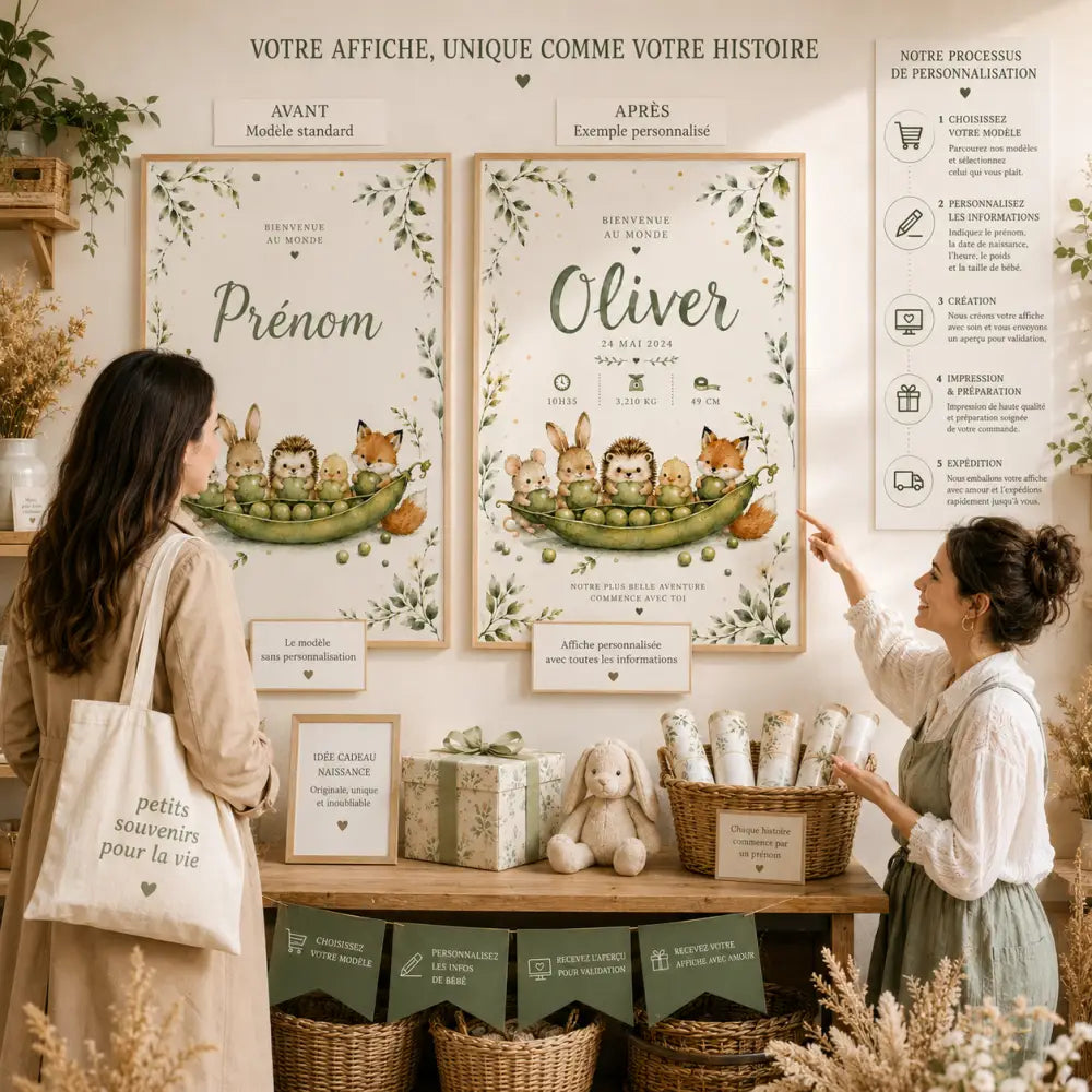 Affiche naissance personnalisée prénom avec animaux de la forêt dans une cosse vert et crème sur papier cadeau naissance bebe