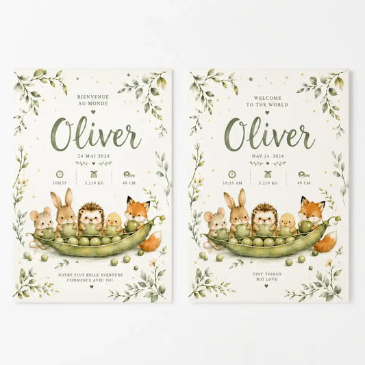 Cartes d annonce de naissance en style aquarelle avec cosse de petits pois verte et animaux de la forêt sur papier crème