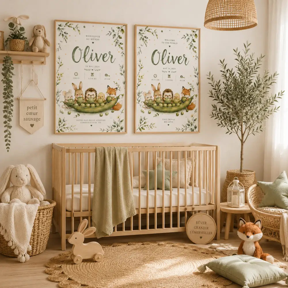 Deux affiches naissance personnalisées prénom oliver en vert avec illustrations animaux forêt pour cadeau naissance bebe original
