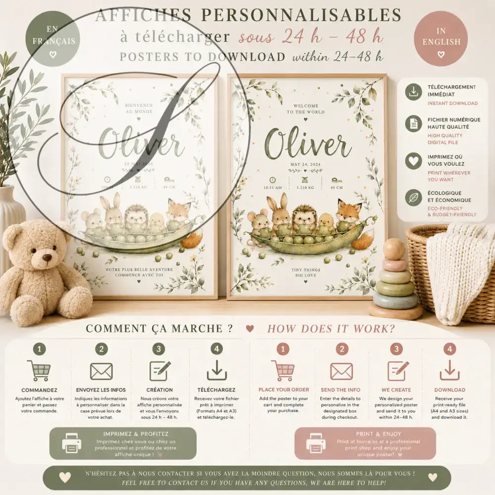 Deux affiches personnalisées de bienvenue pour bébé avec illustration ludique d’animaux des bois dans une cosse avec le nom oliver