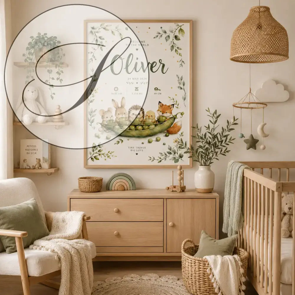 Affiche naissance personnalisée prénom oliver avec illustration aquarelle d animaux de la forêt dans un cadeau naissance bebe original