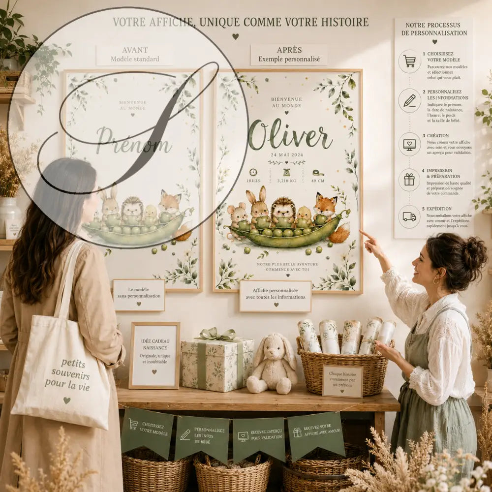 Affiche naissance personnalisée prénom avec animaux de la forêt dans une cosse vert et crème sur papier cadeau naissance bebe