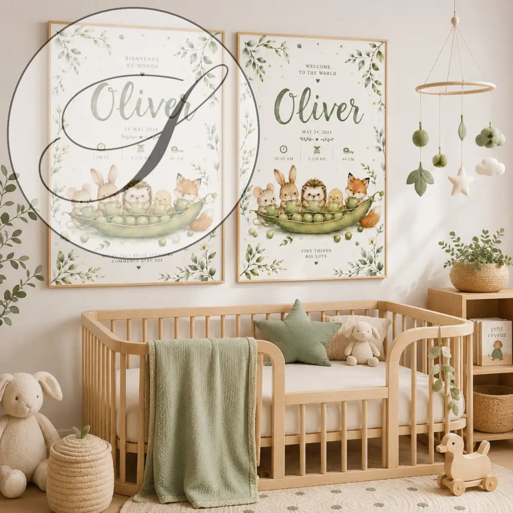 Deux affiches naissance personnalisées cadeau naissance bebe avec prénom oliver et détails de naissance vert et animaux boisés