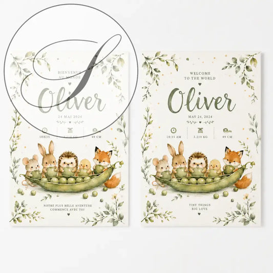 Cartes d annonce de naissance en style aquarelle avec cosse de petits pois verte et animaux de la forêt sur papier crème