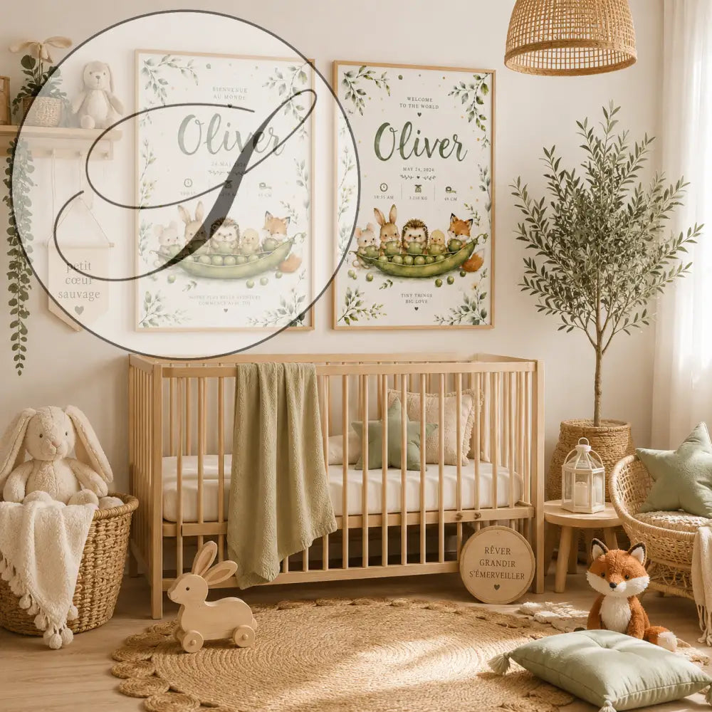 Deux affiches naissance personnalisées prénom oliver en vert avec illustrations animaux forêt pour cadeau naissance bebe original