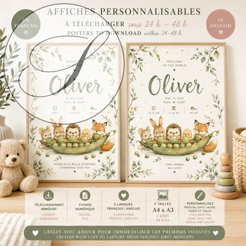 Deux affiches personnalisées de naissance bébé avec animaux de la forêt illustrés dans une cosse avec le prénom oliver