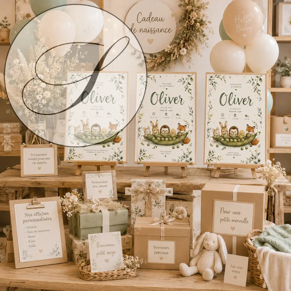 Trois panneaux d’accueil personnalisés de baby shower identiques encadrés, chacun présentant une charmante illustration d’animaux de la forêt dans une cabane à pois avec des bordures de feuillage vert délicat et un texte en lettrage élégant.