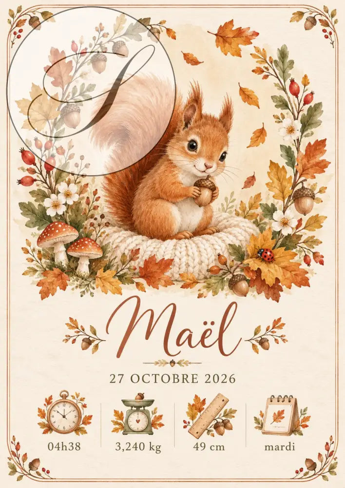 Cadeau naissance personnalisé avec affiche prénom bébé écureuil orange tenant un gland sur fond crème automnal