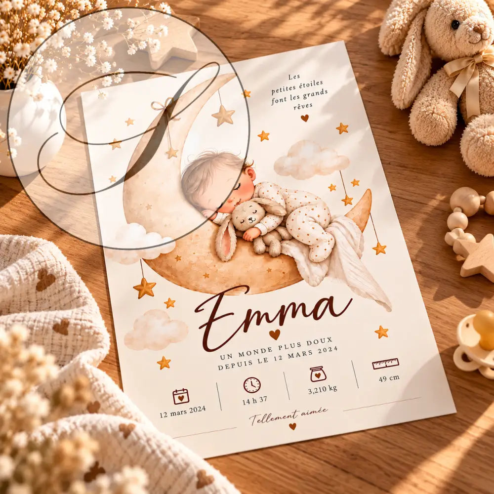 Cream personalized baby on the moon birth poster with a baby asleep on a crescent moon, stars and clouds