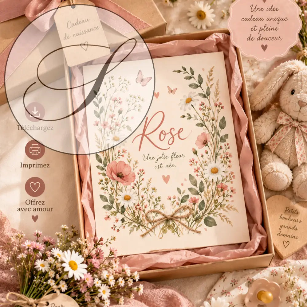 Cadeau naissance affiche prénom fleurie avec motif floral crème et fleurs roses en couronne autour du mot rose