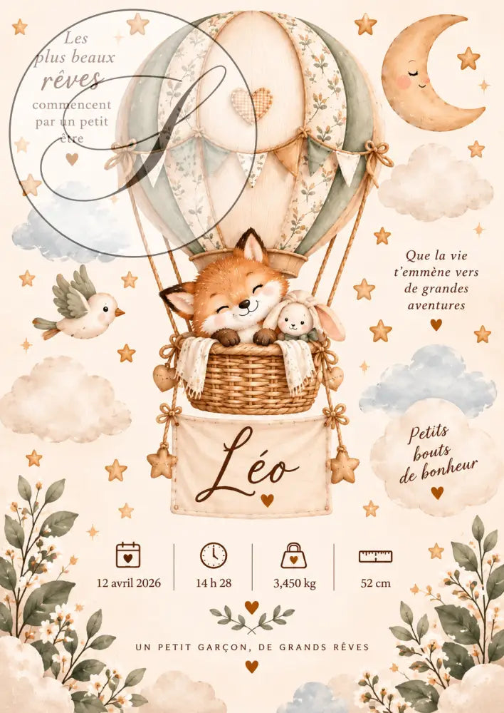 Affiche de naissance personnalisée renard en montgolfière avec prénom, date, heure, poids et taille de bébé
