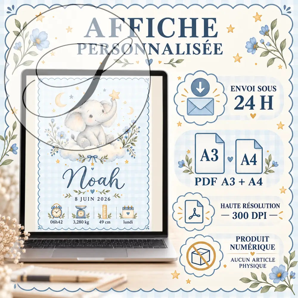 Affiche prénom éléphant personnalisée cadeau naissance avec éléphant gris sur nuages entouré de fleurs bleues et étoiles