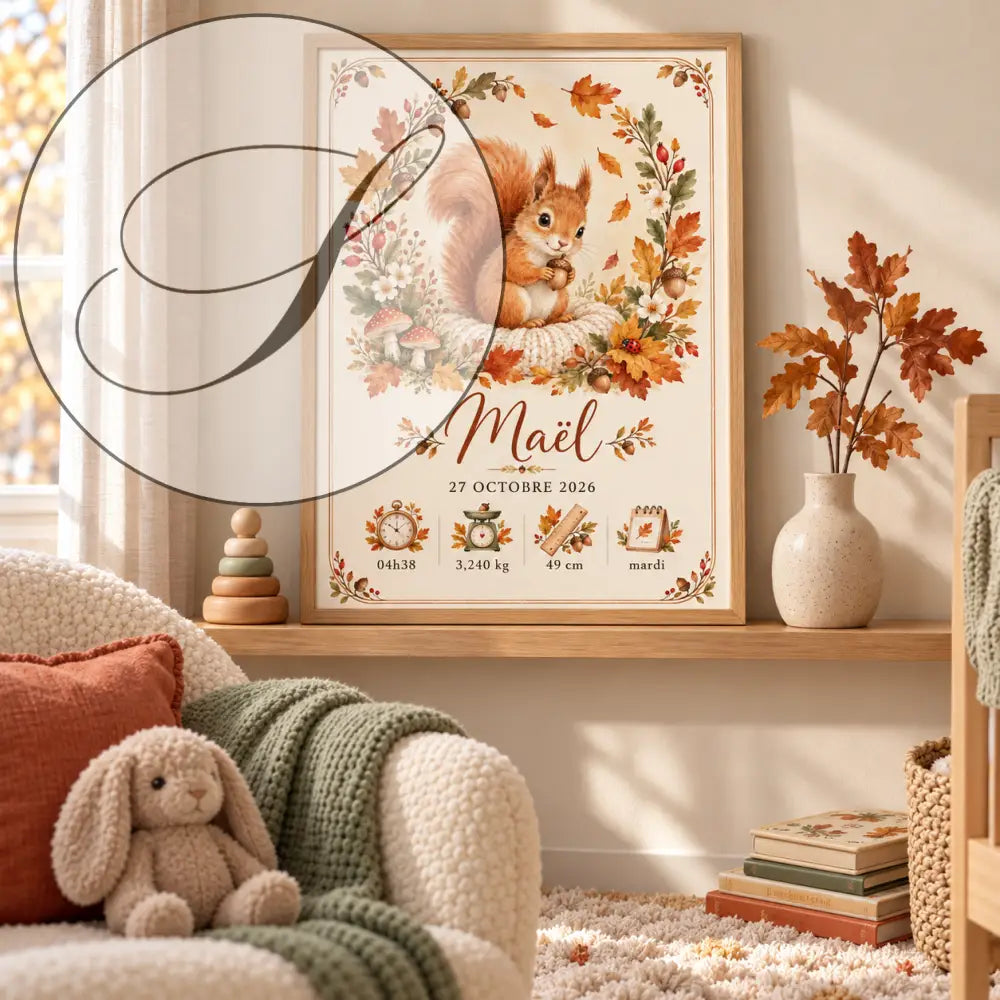 Affiche cadeau naissance bébé personnalisée prénom avec écureuil orange dans nid tressé et décor automnal