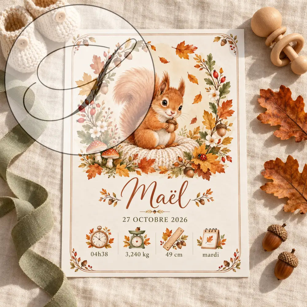 Cadeau naissance certificat personnalisé bébé avec illustration écureuil roux dans nid tricoté automnal