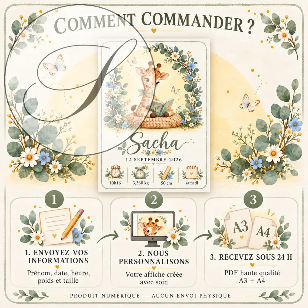 Carte naissance personnalisé bébé avec girafe lisant un livre entourée de fleurs et papillons en illustration charmante