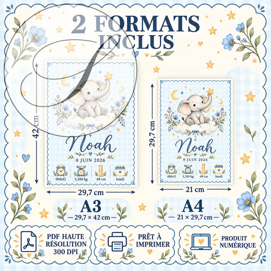 Carte de naissance numérique bleu clair avec éléphant, nuages, étoiles et fleurs cadeau naissance personnalisé bébé