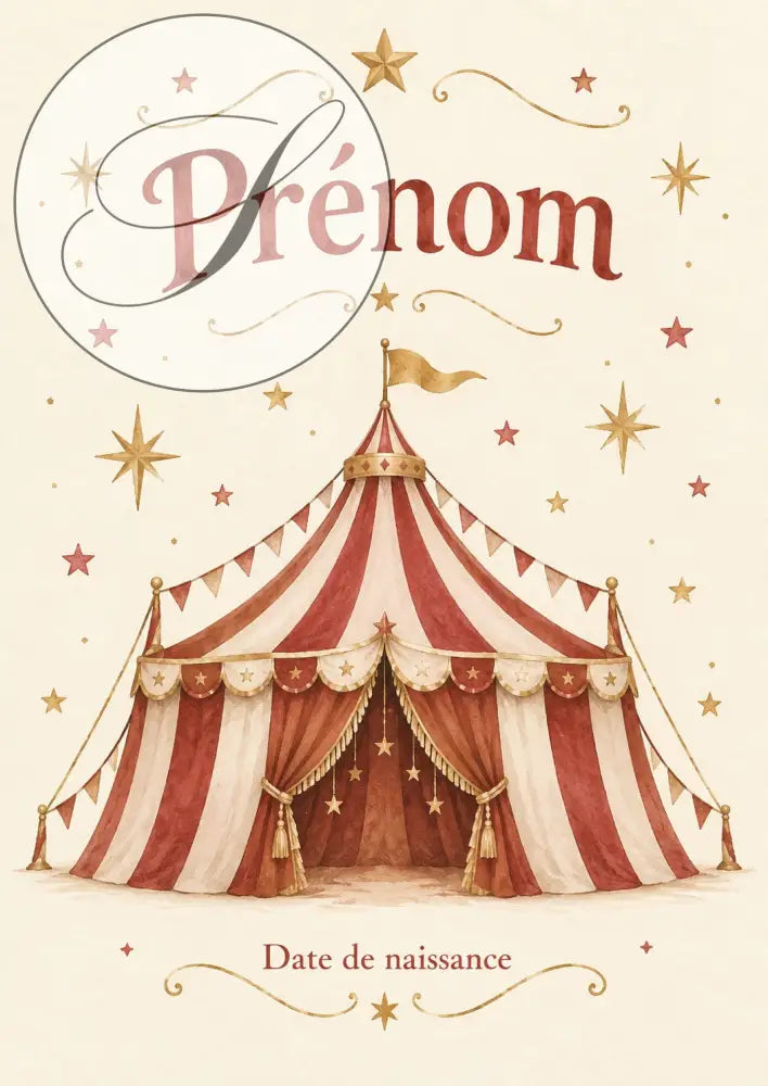 Set of 4 personalized circus posters with a red and white striped big top topped with a star, baby gift