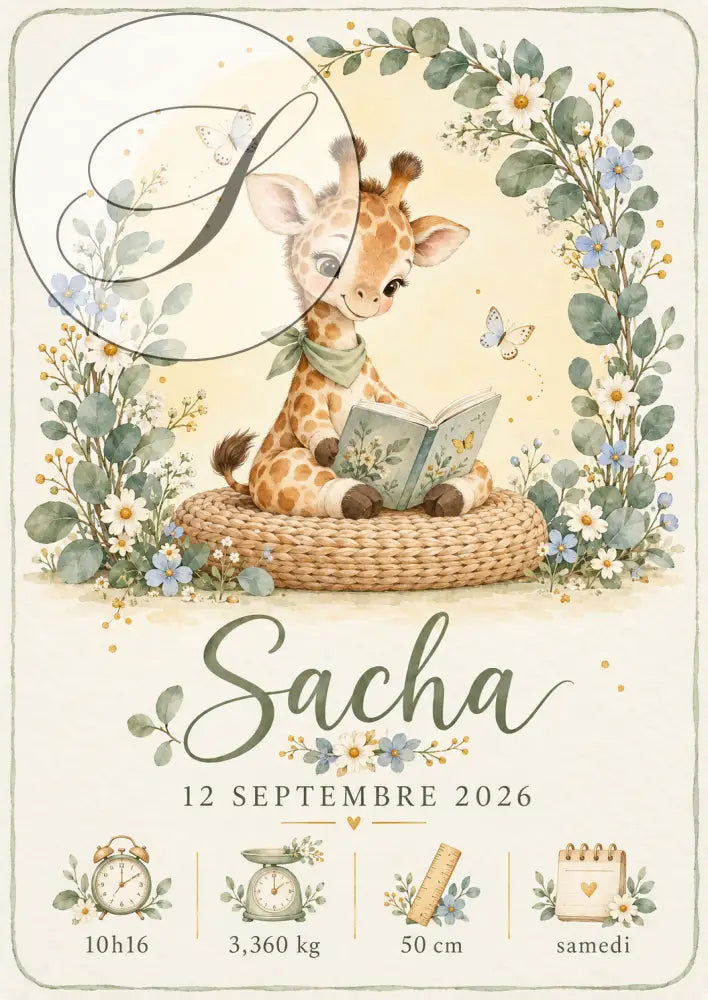 Affiche naissance personnalisé bébé girafe illustrée en aquarelle avec girafe bébé à bandana vert lisant un livre
