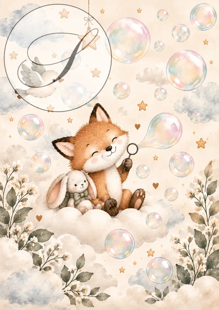 Affiche bébé renard qui fait des bulles de savon avec son doudou lapin sur un nuage, tons crème et vert sauge