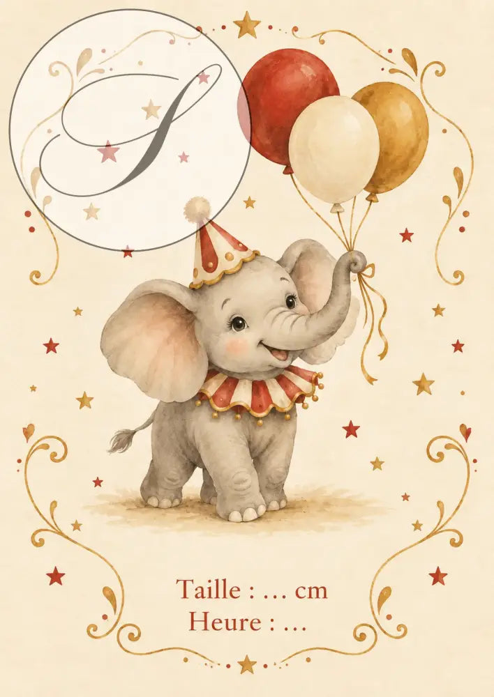 Set of 4 personalized circus posters with a baby grey elephant and balloon, baby gift