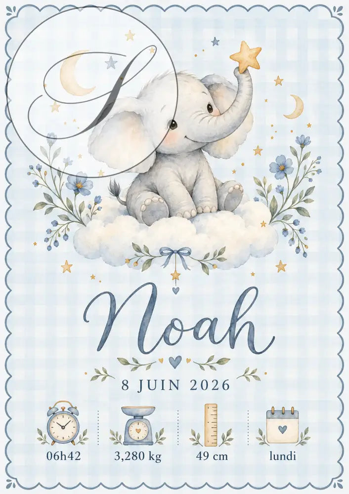 Affiche prénom bébé éléphant gris douce sur nuage avec fleurs bleues et étoiles dorées cadeau naissance personnalisé