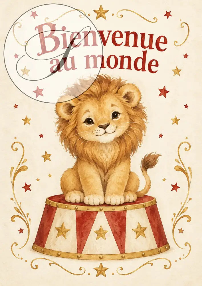 Personalized circus poster with a golden lion cub on a red and white circus drum, baby gift