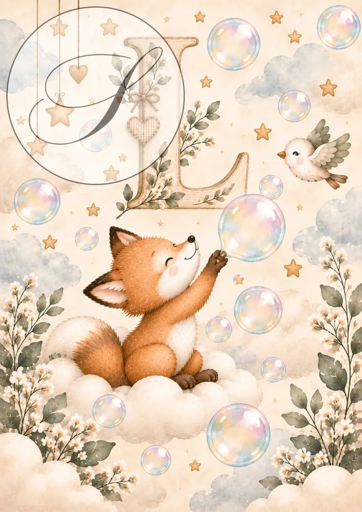 Poster personnalisé initiale du prénom avec renard sur un nuage et bulles de savon, décoration chambre bébé