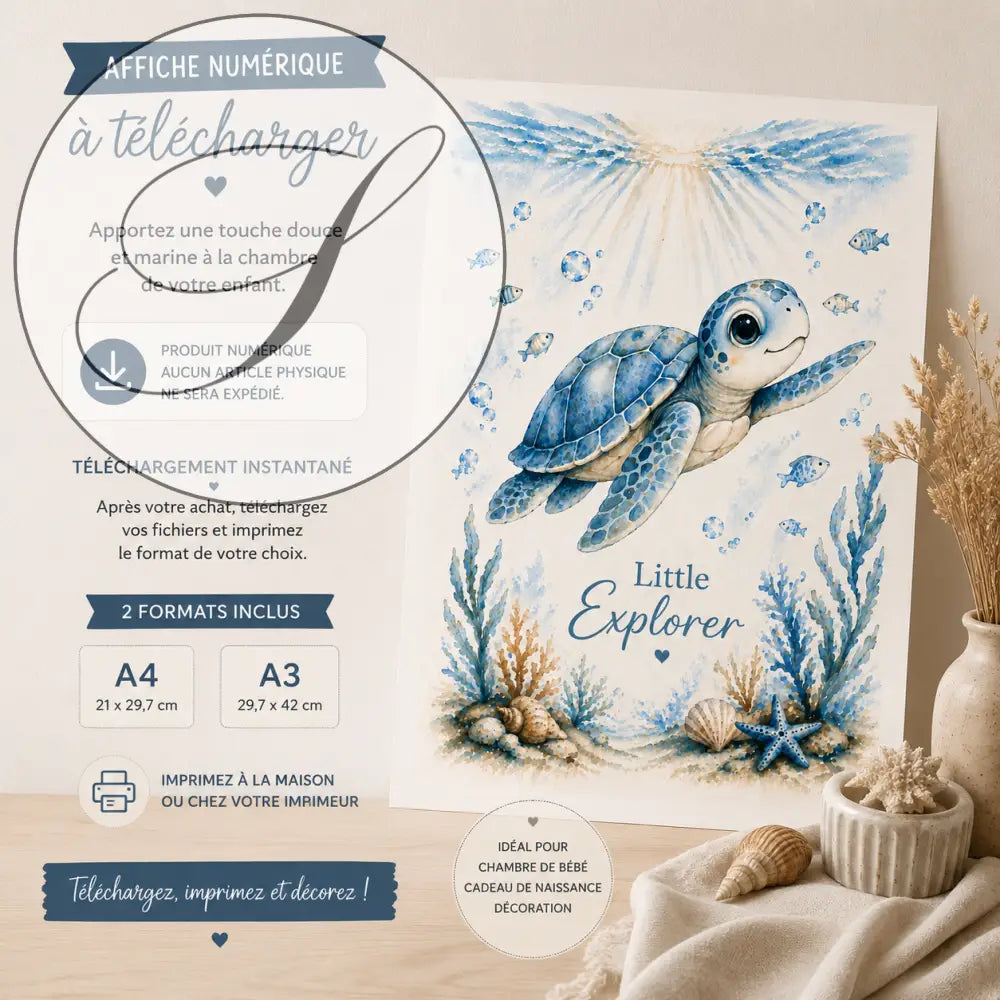 Affiche tortue marine bleue aquarelle avec corail et étoiles de mer imprimée pour cadeau naissance et déco enfant