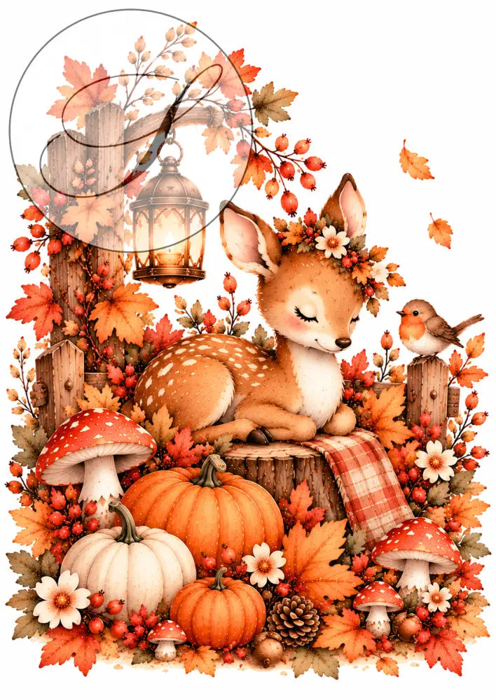 Illustration automnale charmante d un faon dormant avec couronne de fleurs orange pour cadeau naissance personnalisé