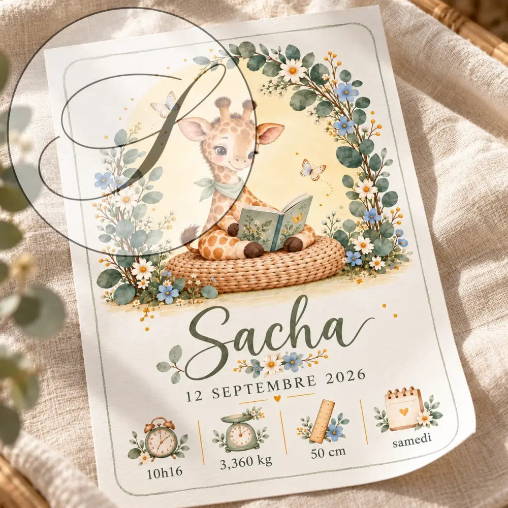 Affiche naissance personnalisé bébé avec girafe mignonne tachetée et écharpe verte sur tapis tressé fleuri bleu et blanc