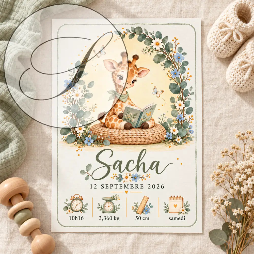 Affiche naissance personnalisé bébé avec girafe mignonne tachetée et écharpe verte dans panier tressé fleuri bleu et blanc