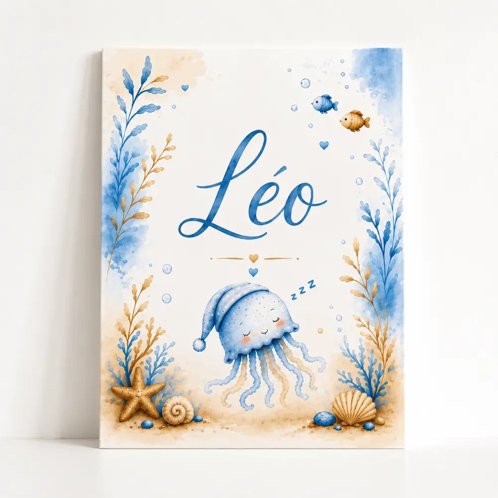 Affiche prénom personnalisée format a4 cadeau naissance avec toile aquarelle méduse bleue endormie et éléments marins doux
